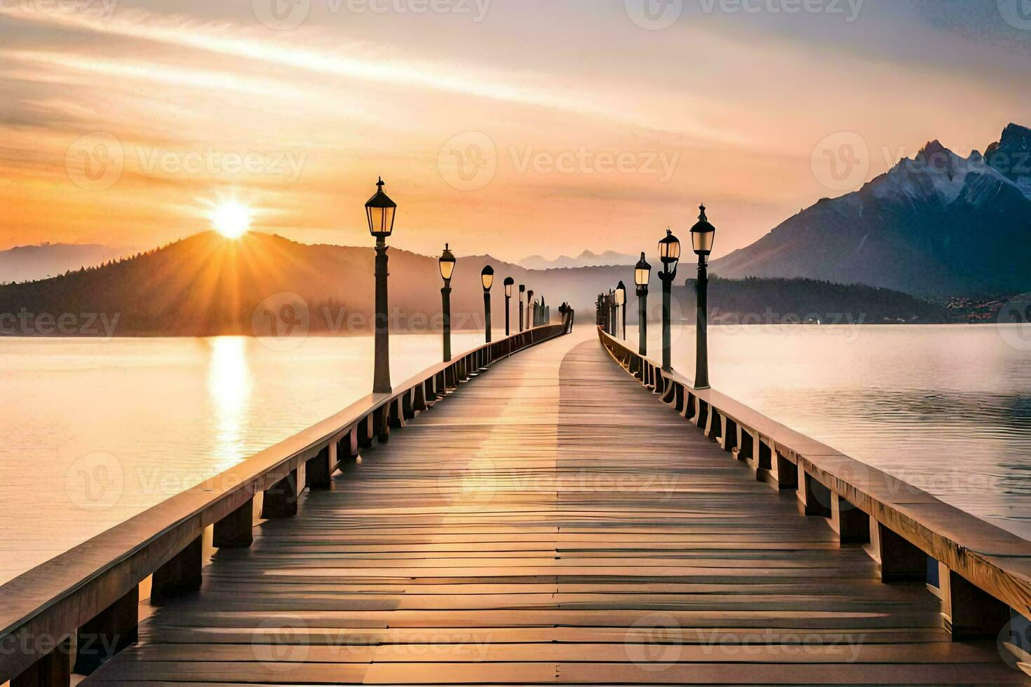 a pier with a bridge leading to the mountains. AI-Generated photo