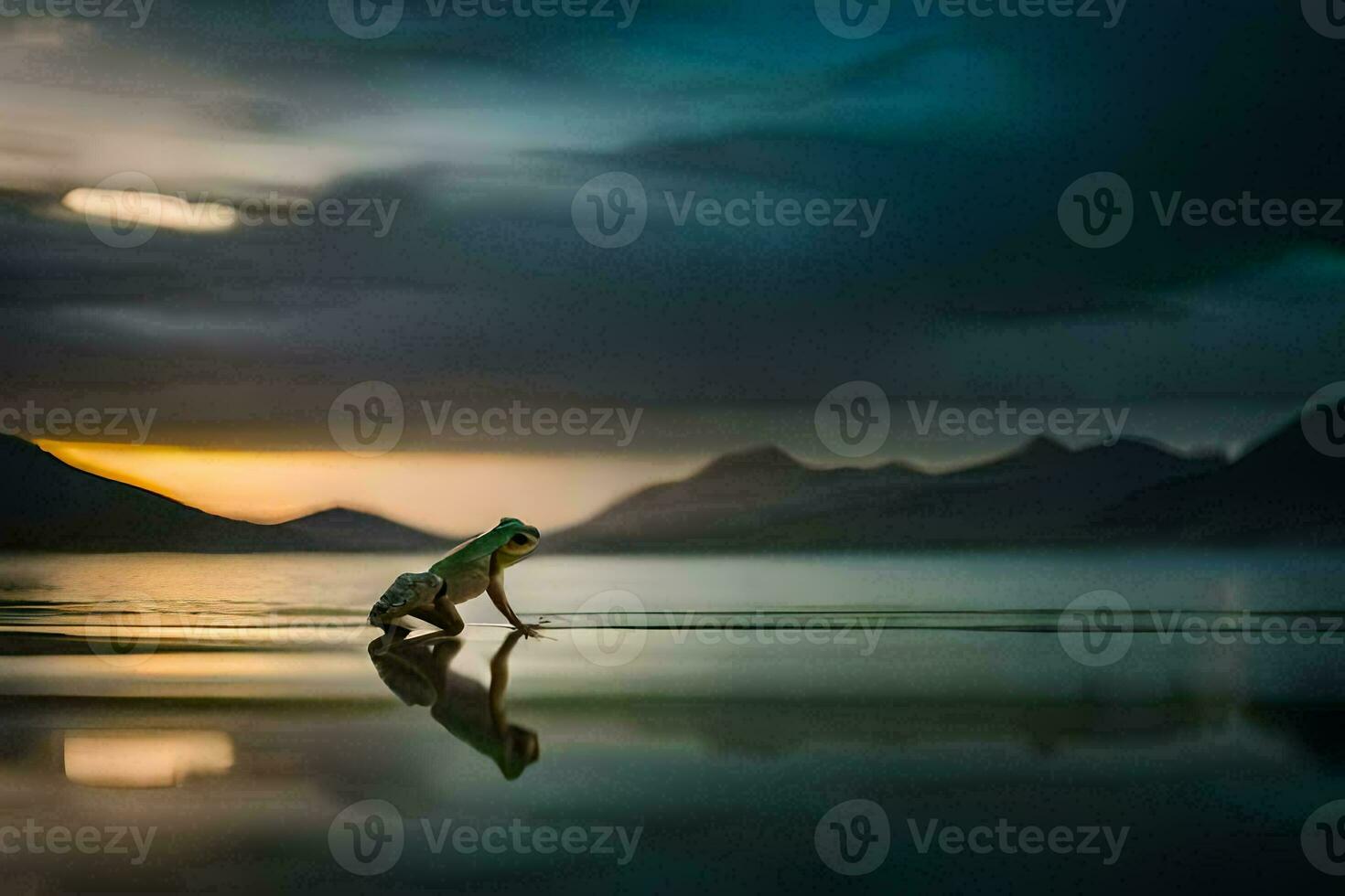 a man is kneeling on the shore of a lake at sunset. AI-Generated photo