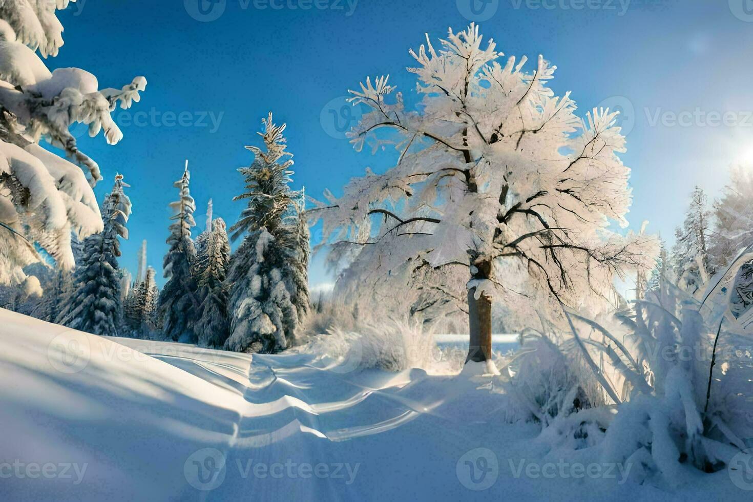 a snowy forest with trees and snow. AI-Generated photo