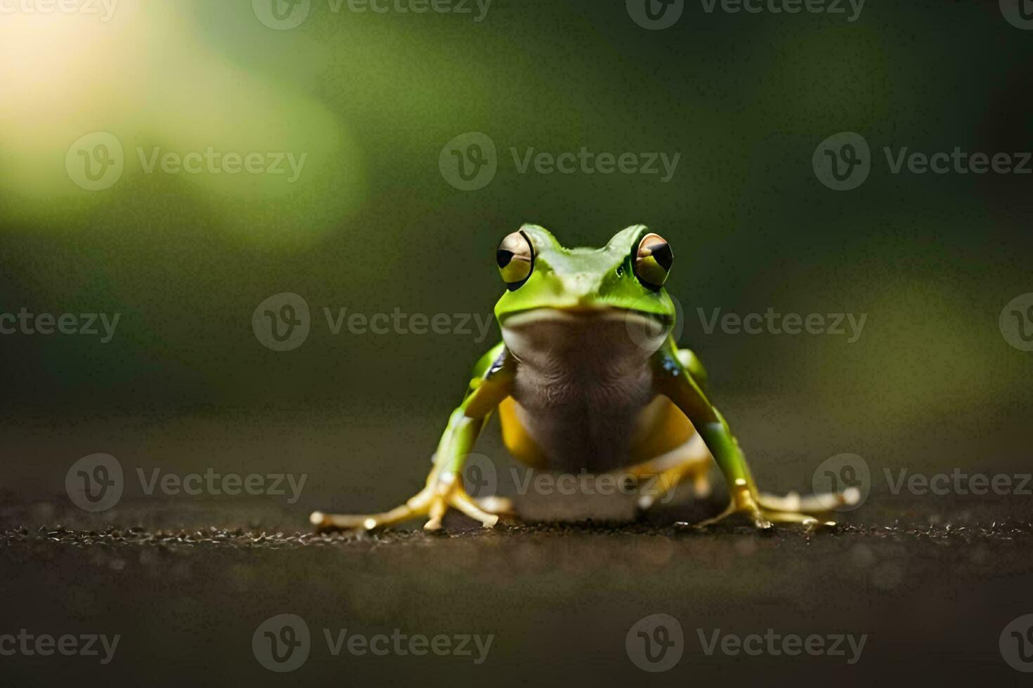 a frog is standing on the ground with a blurry background. AI-Generated photo