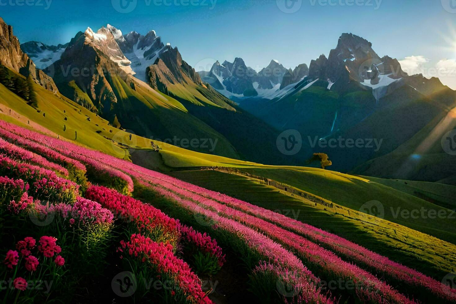 the sun shines over a field of pink flowers. AI-Generated photo