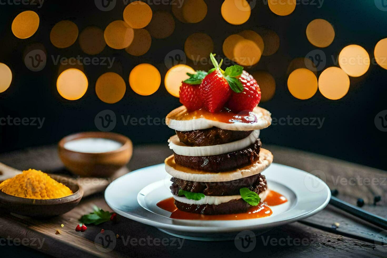 un apilar de panqueques con fresas y salsa. generado por ai foto