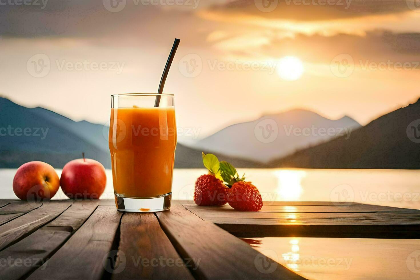 a glass of juice with strawberries and apples on a wooden table. AI-Generated photo