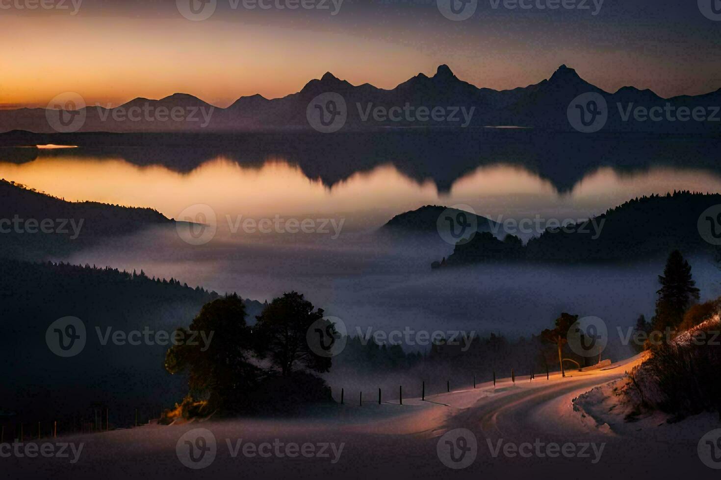 photo wallpaper the sky, mountains, lake, fog, road, trees, road, the road. AI-Generated