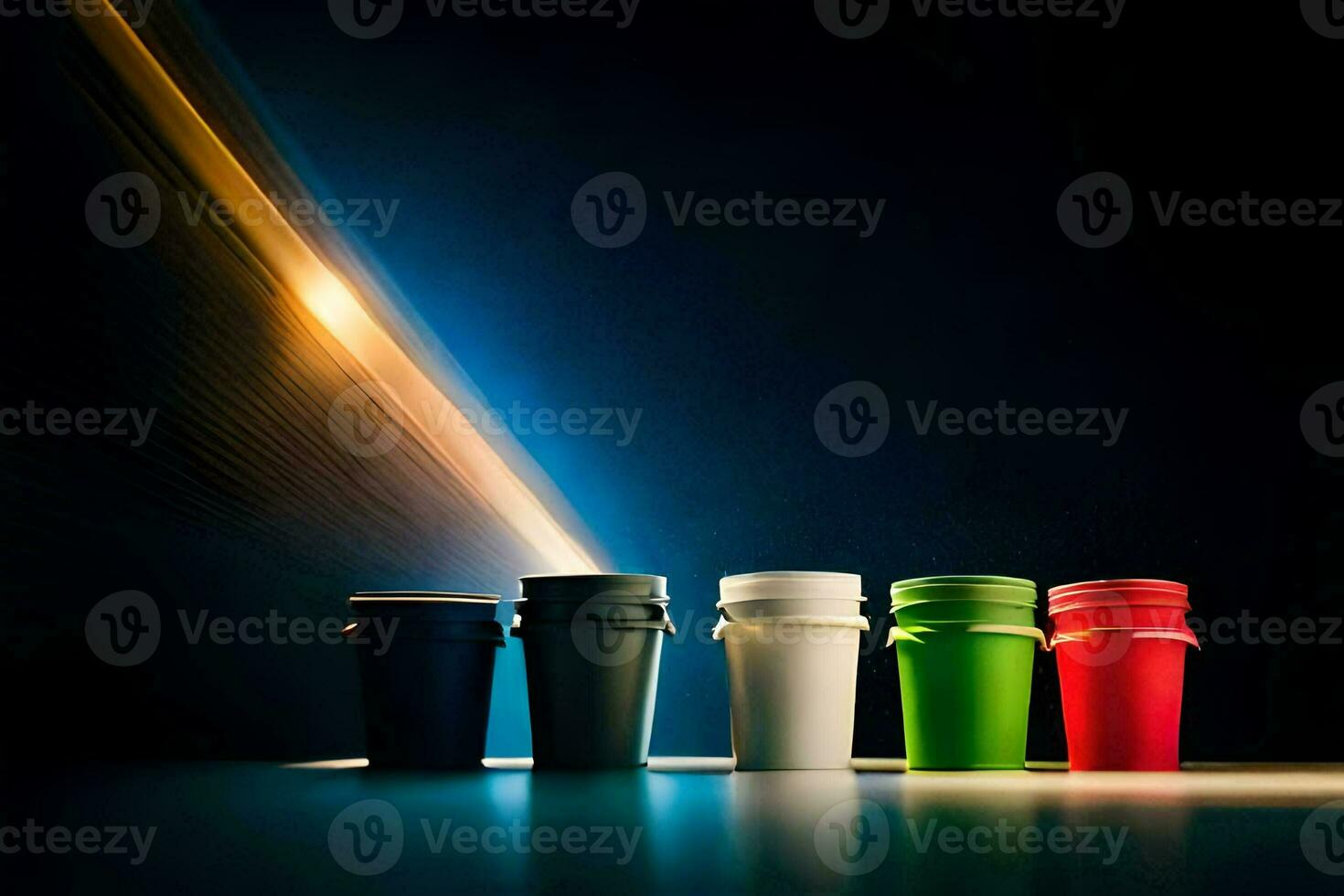 a row of colorful cups on a dark surface. AI-Generated photo