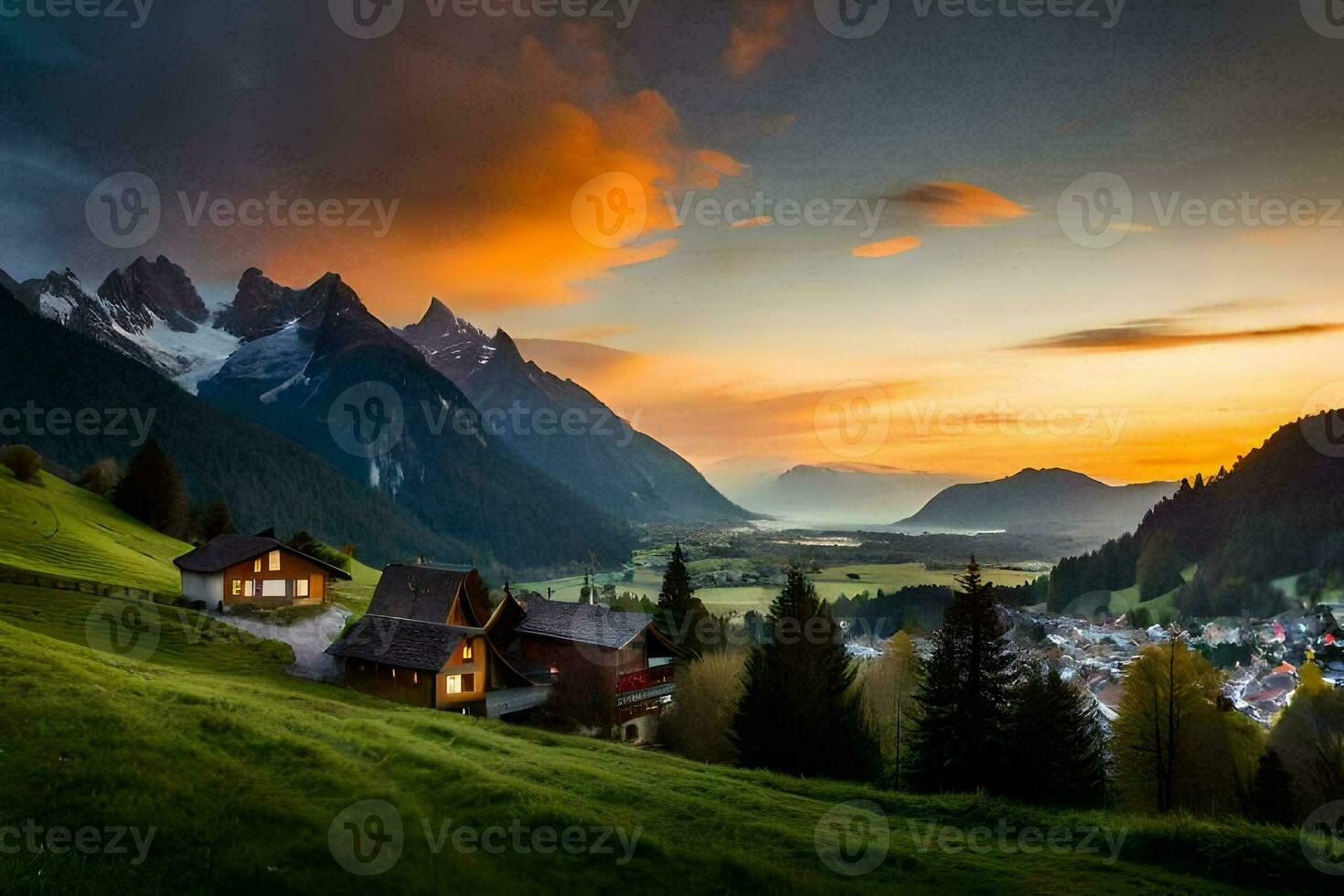 the sun sets over the mountains and village. AI-Generated photo