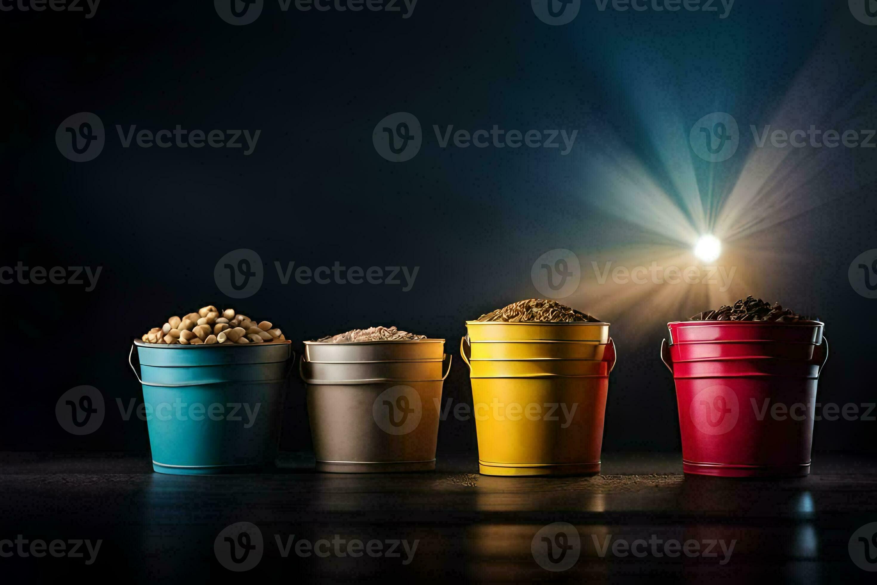 four buckets of different colored beans on a dark background. AI