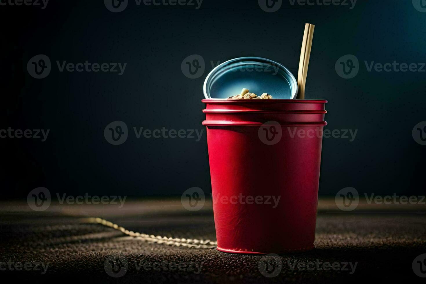 a red cup with a straw and a spoon. AI-Generated photo