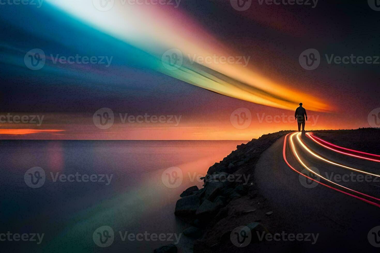 a man standing on a road with a long streak of light coming from the sky. AI-Generated photo