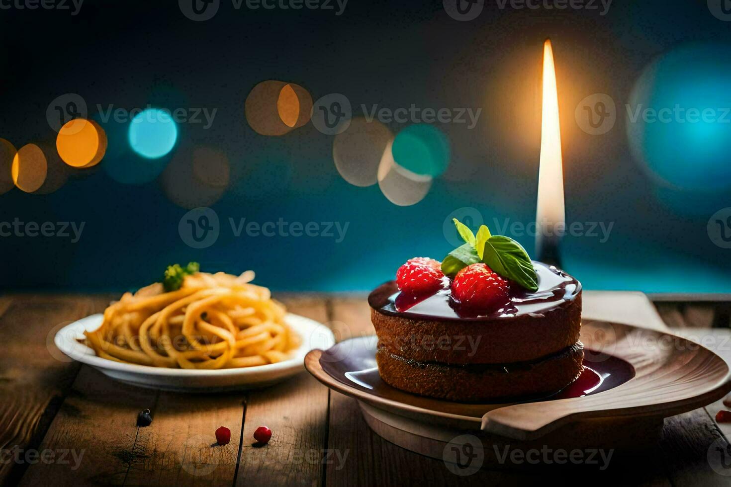a birthday cake with candles and spaghetti on a wooden table. AI-Generated photo