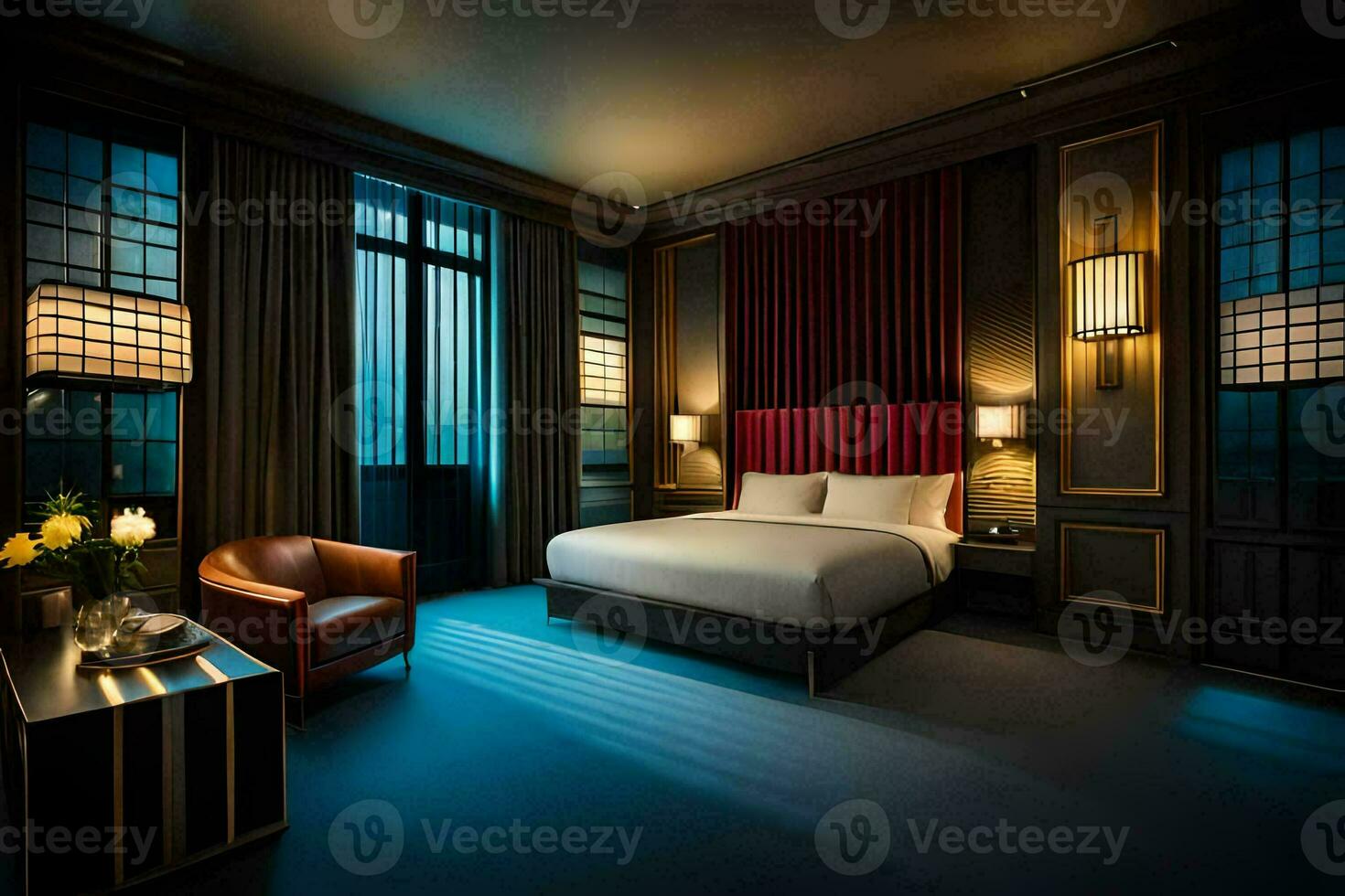 a hotel room with a bed and a chair. AI-Generated photo