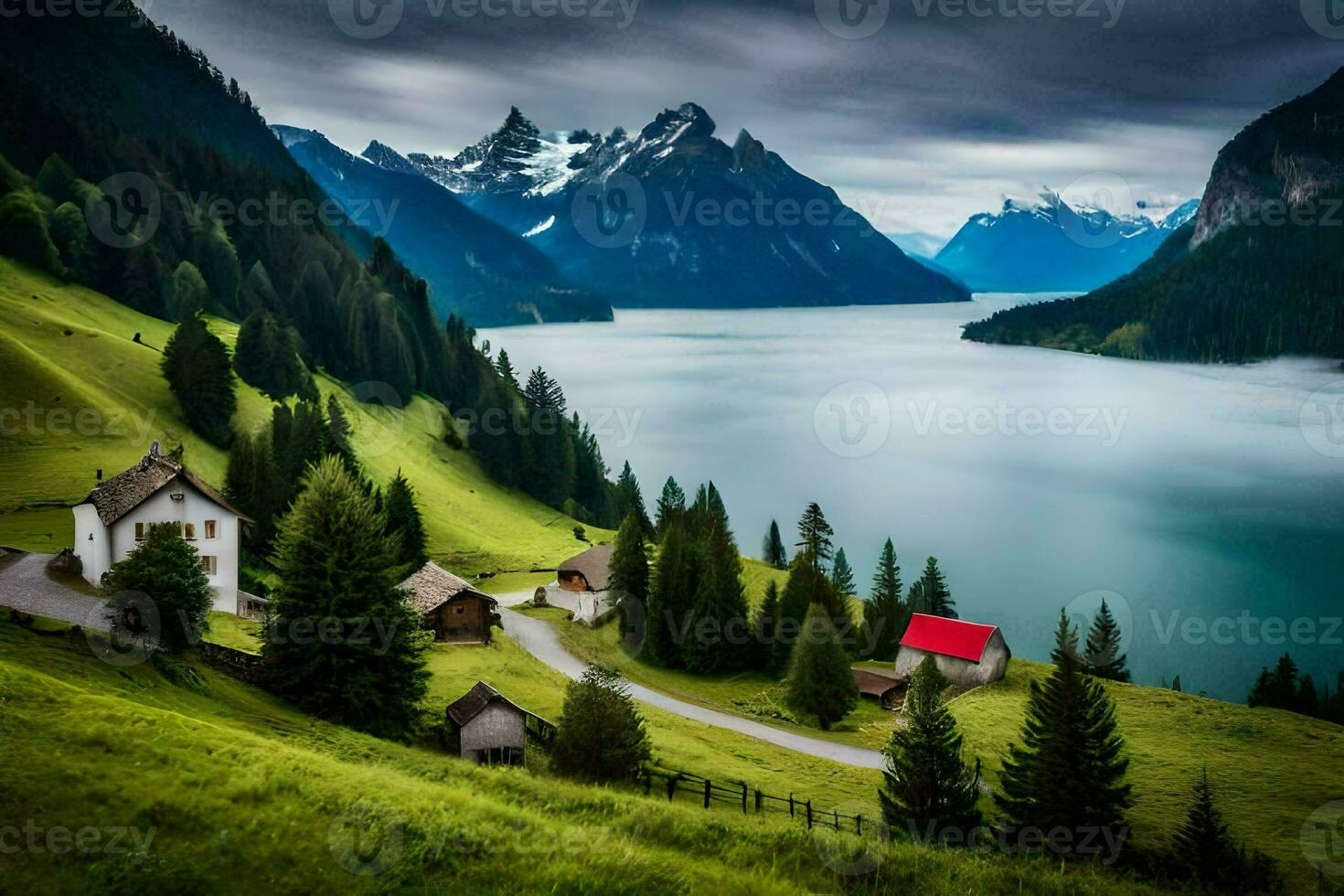 a lake and mountain range in the background. AI-Generated photo
