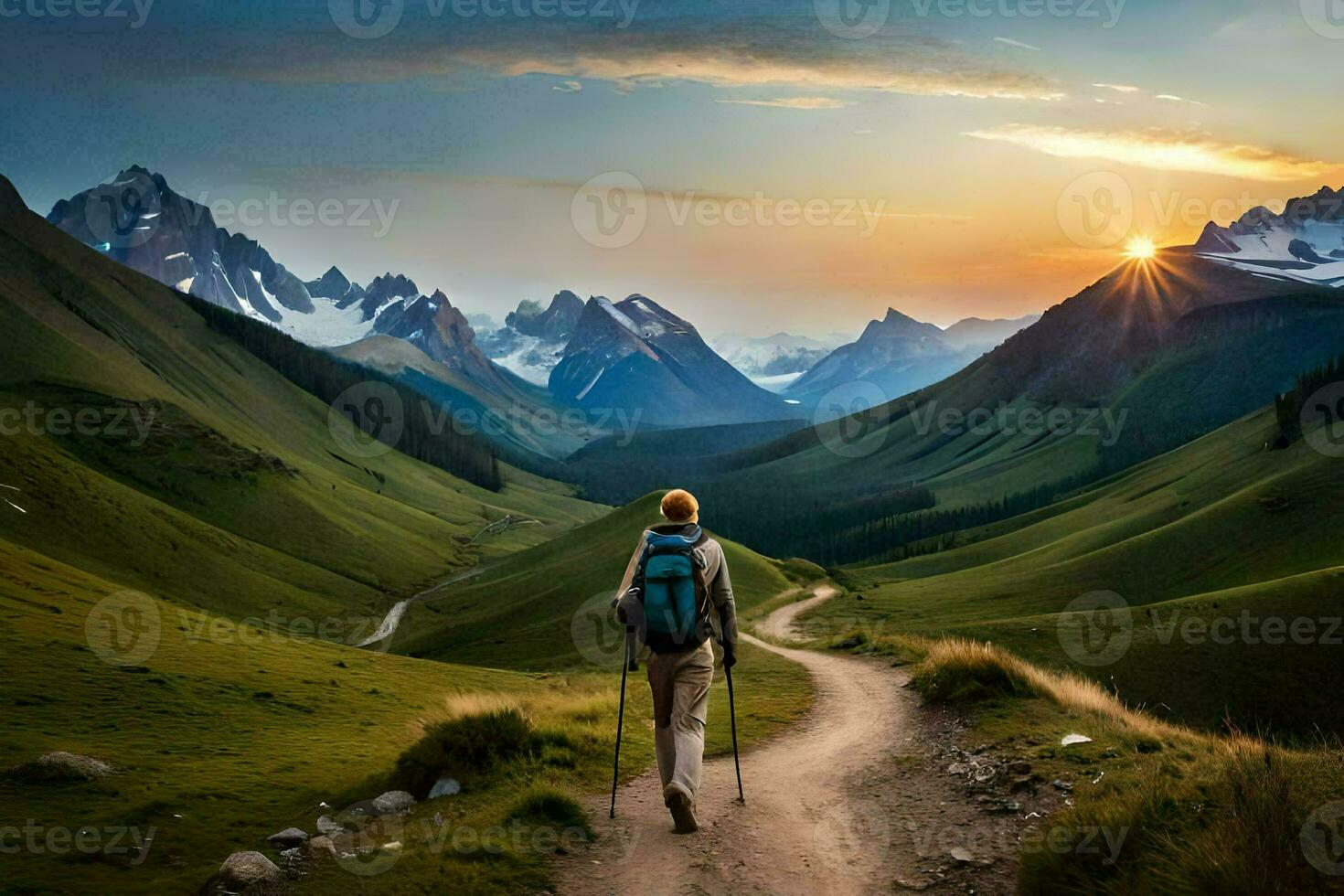 a man walking on a trail in the mountains. AI-Generated photo