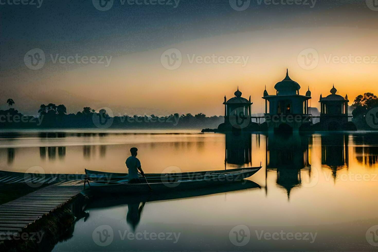 a man in a boat on the water at sunrise. AI-Generated photo