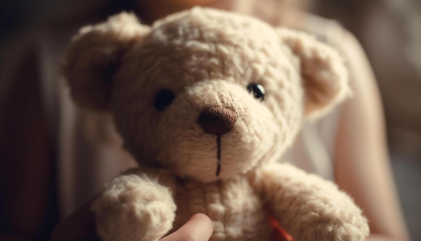 Cute teddy bear sitting on soft fur, a childhood decoration generated by AI photo