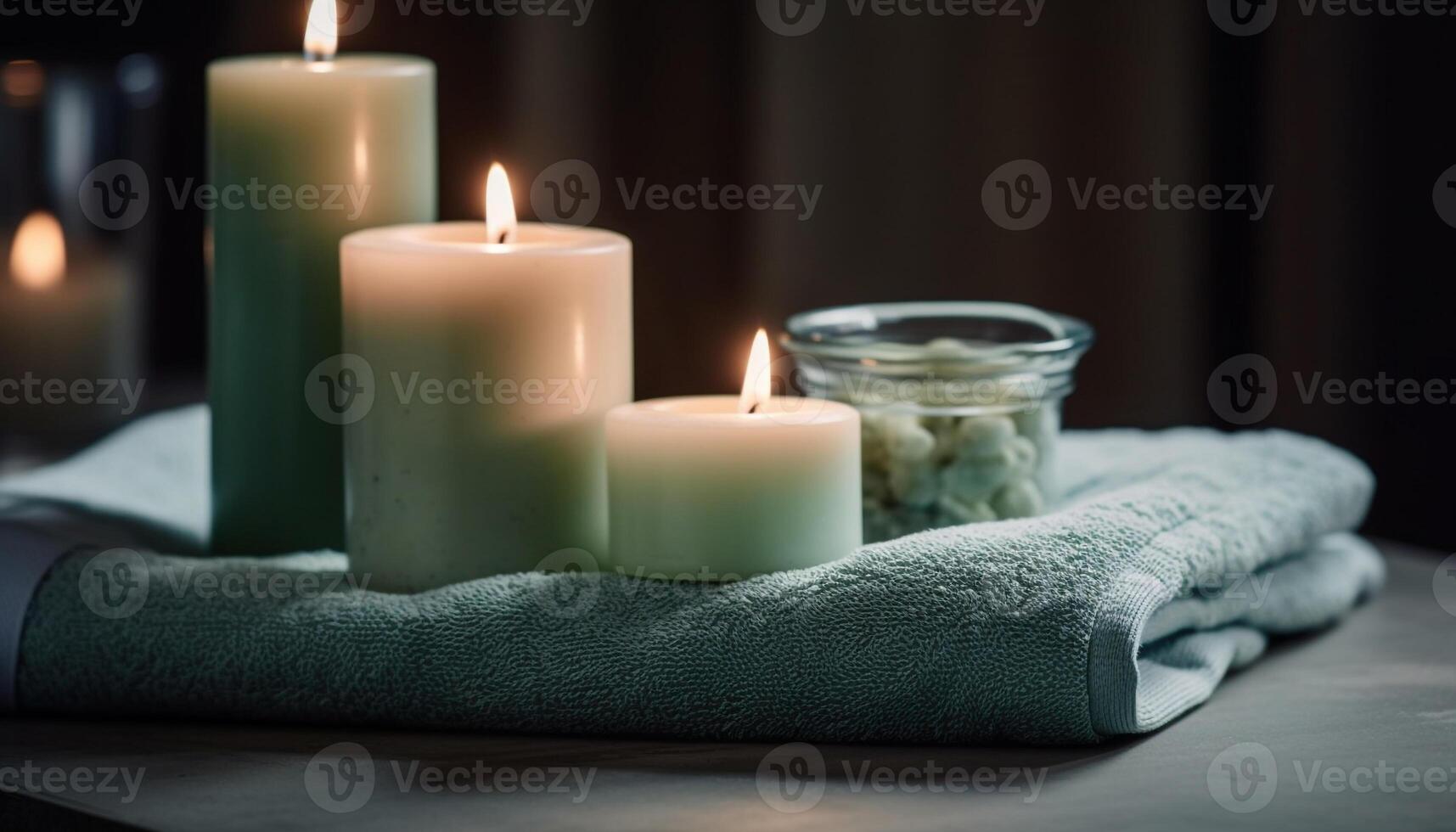 Glowing candle illuminates soft towel for a relaxing spa treatment generated by AI photo