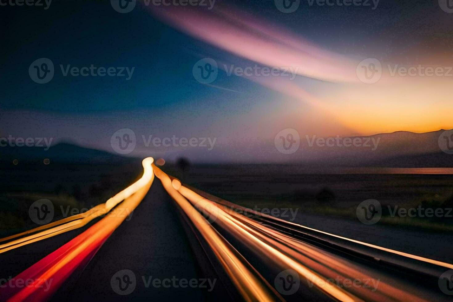 a long exposure photograph of a road at sunset. AI-Generated photo