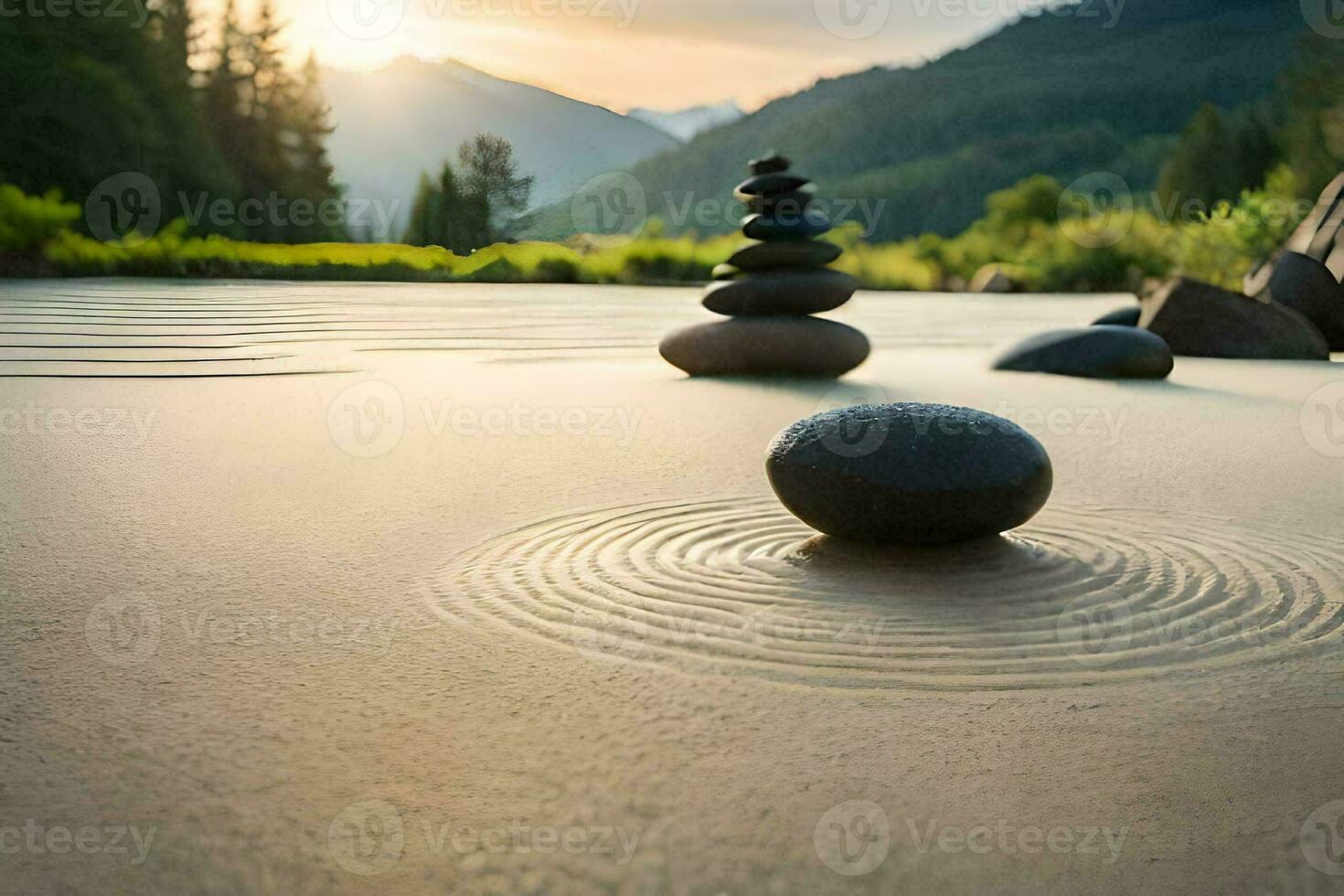 a zen garden in the mountains. AI-Generated photo