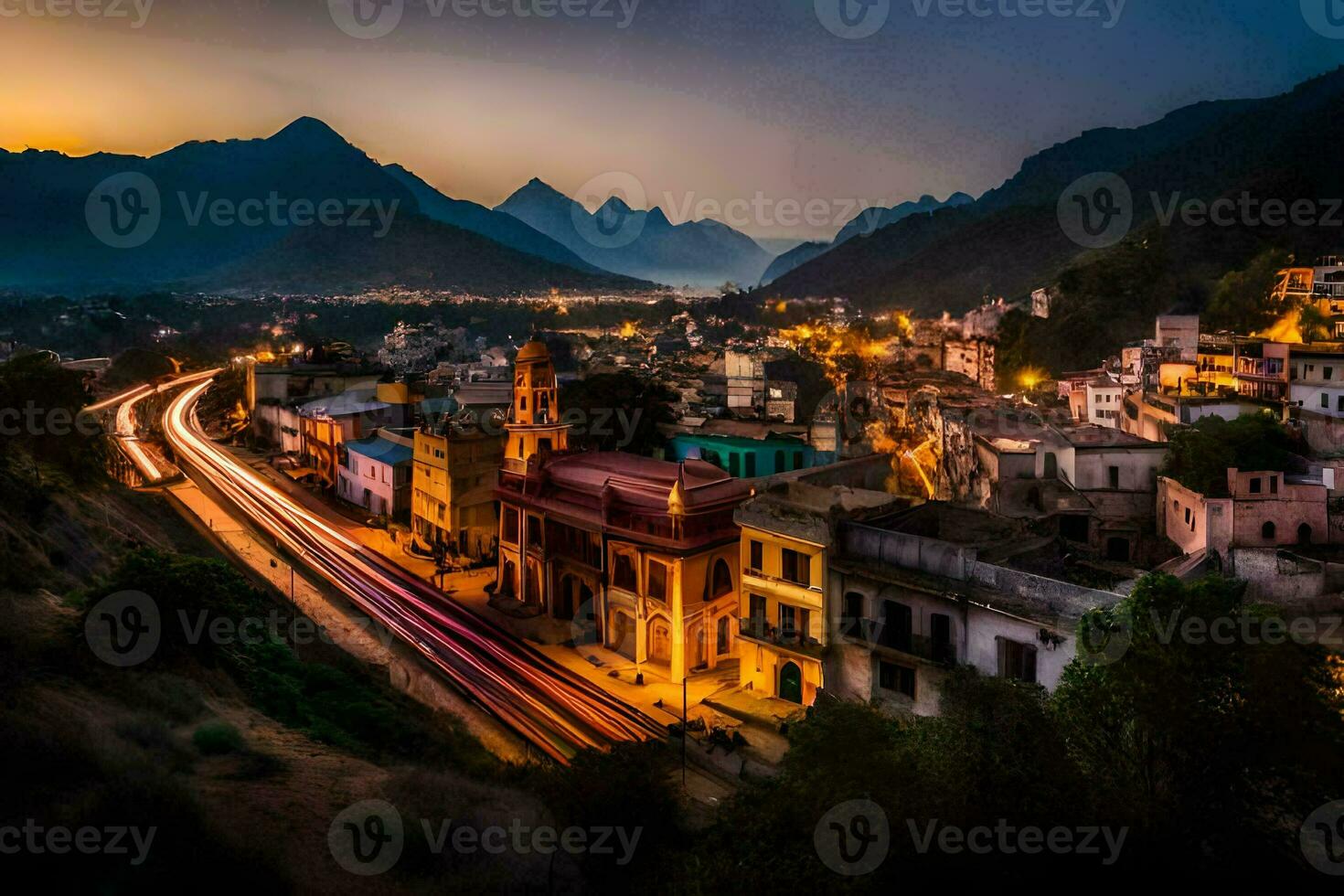 a city at dusk with mountains in the background. AI-Generated photo