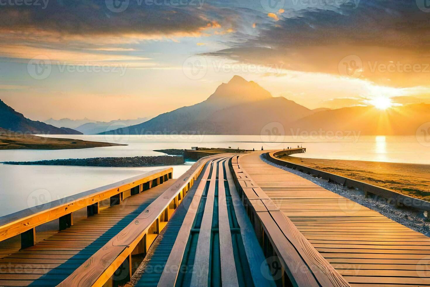 a wooden boardwalk leads to a lake and mountains at sunset. AI-Generated photo