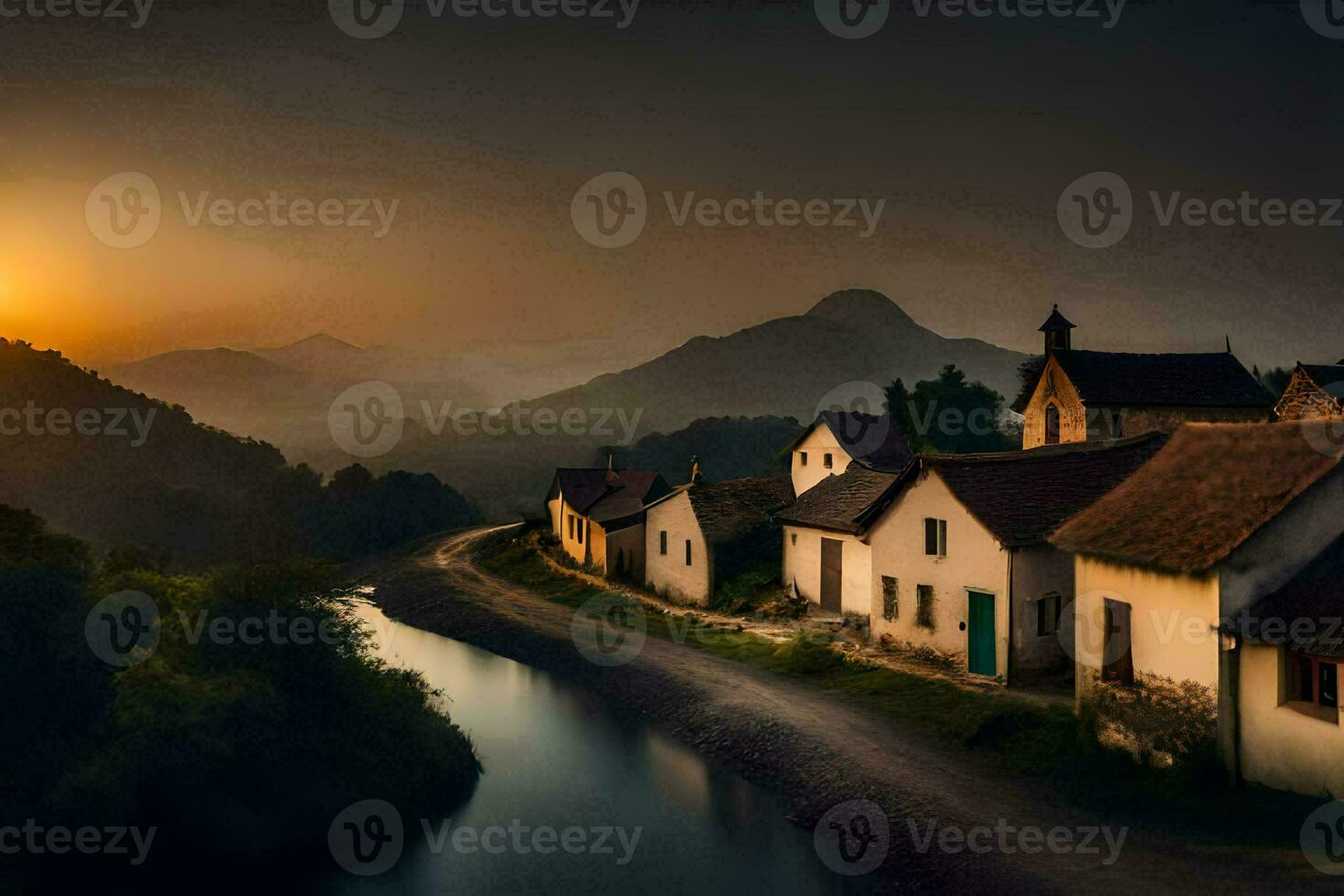 a village at sunset with a river and mountains in the background. AI-Generated photo