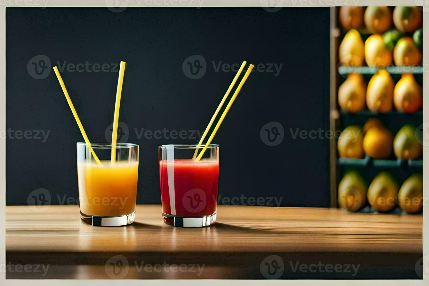 two glasses of orange juice with straws on a wooden table. AI-Generated photo