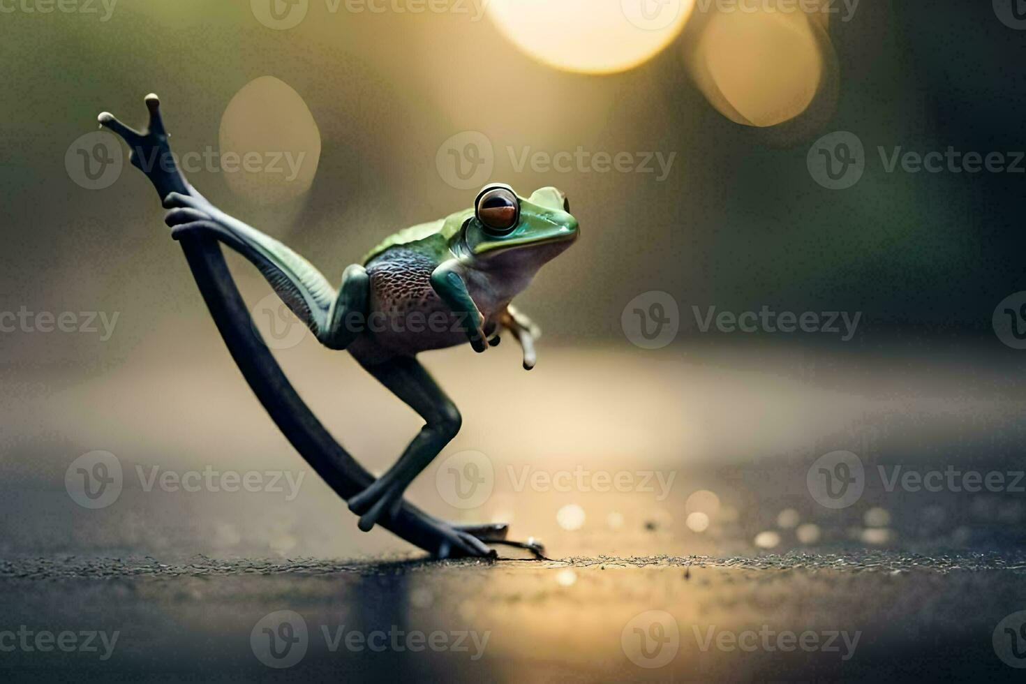 a frog is sitting on a branch with its legs spread. AI-Generated photo