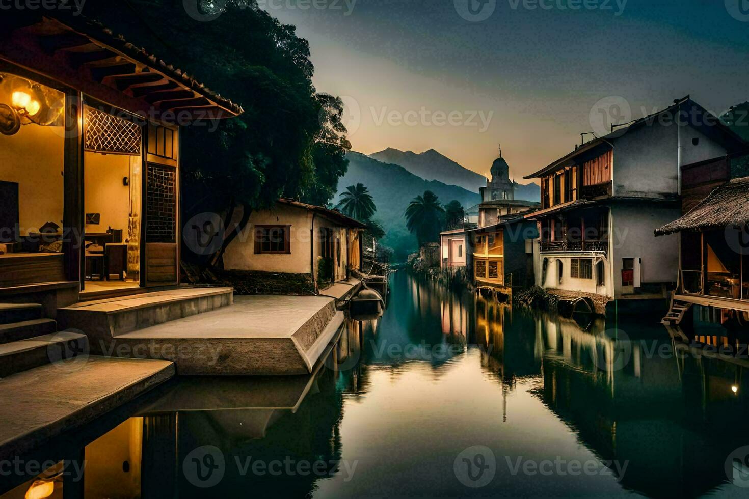 a river in china with houses on either side. AI-Generated photo