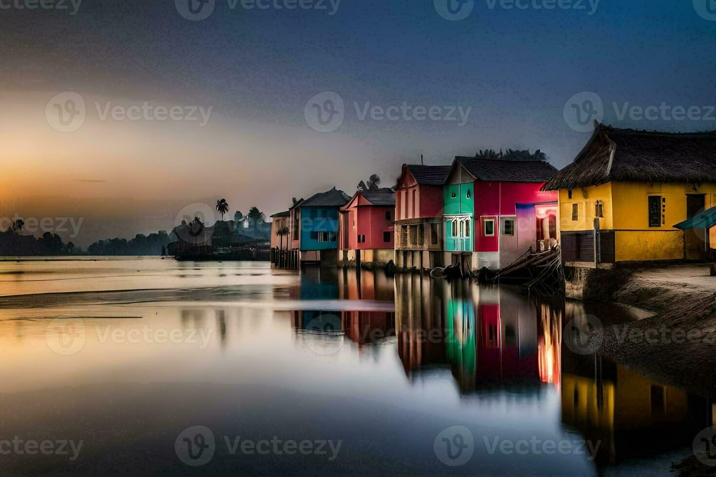 vistoso casas en el apuntalar de un lago a puesta de sol. generado por ai foto