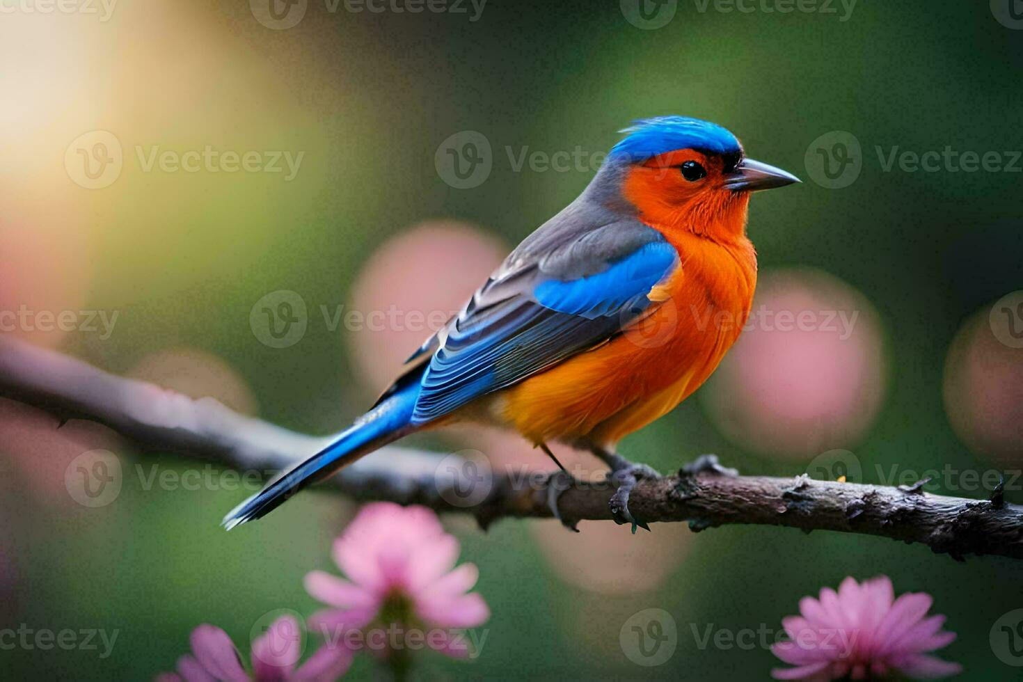 a colorful bird sits on a branch with pink flowers. AI-Generated photo