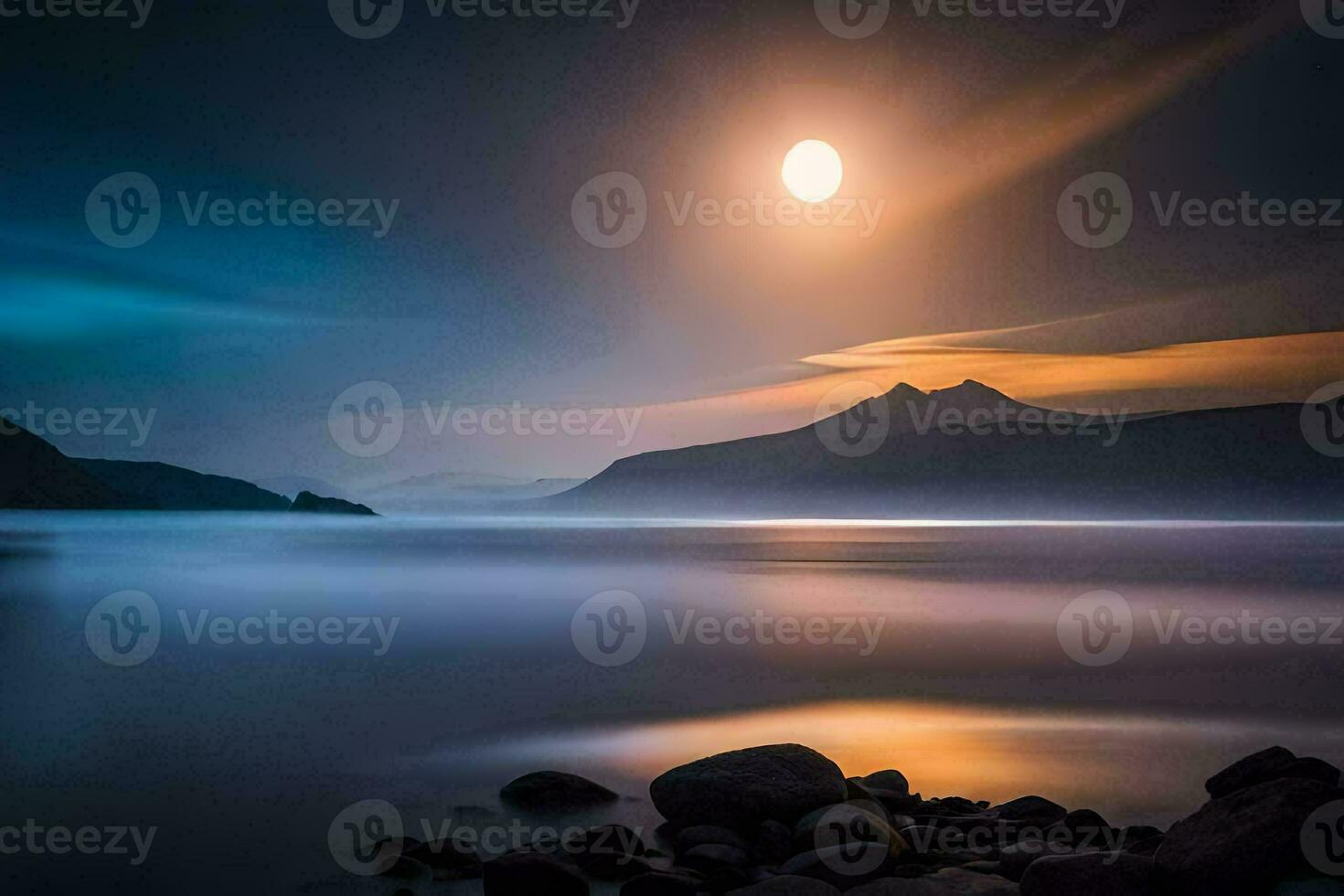 the moon rises over the water and mountains. AI-Generated photo