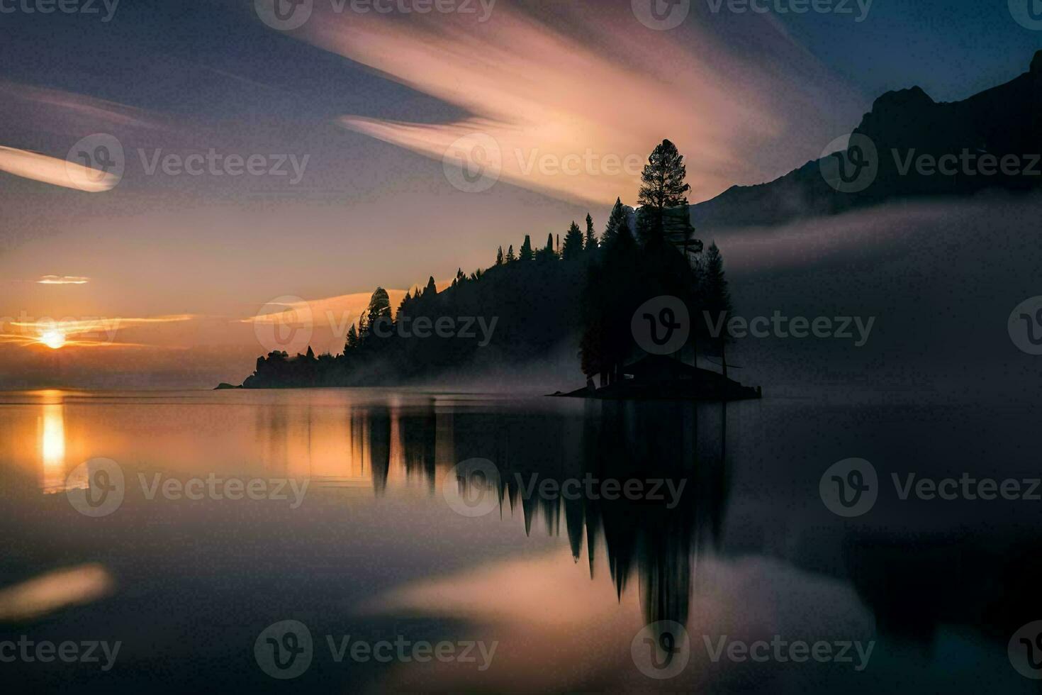 a lake with trees and a foggy sky at sunset. AI-Generated photo