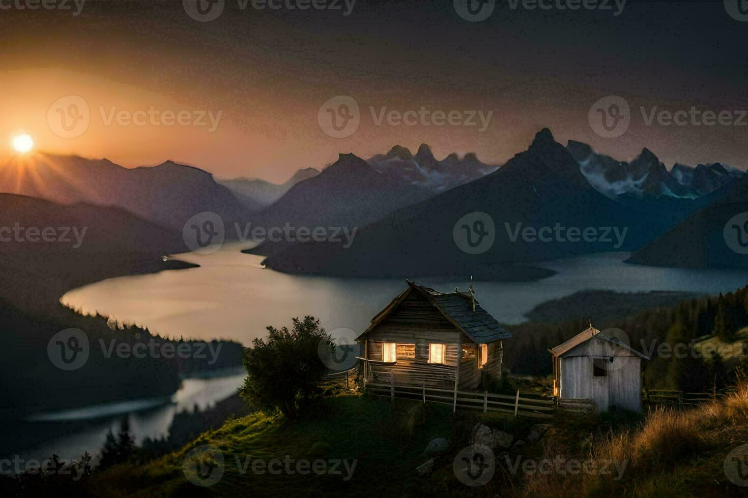 the sun rises over the mountains and lake. AI-Generated photo