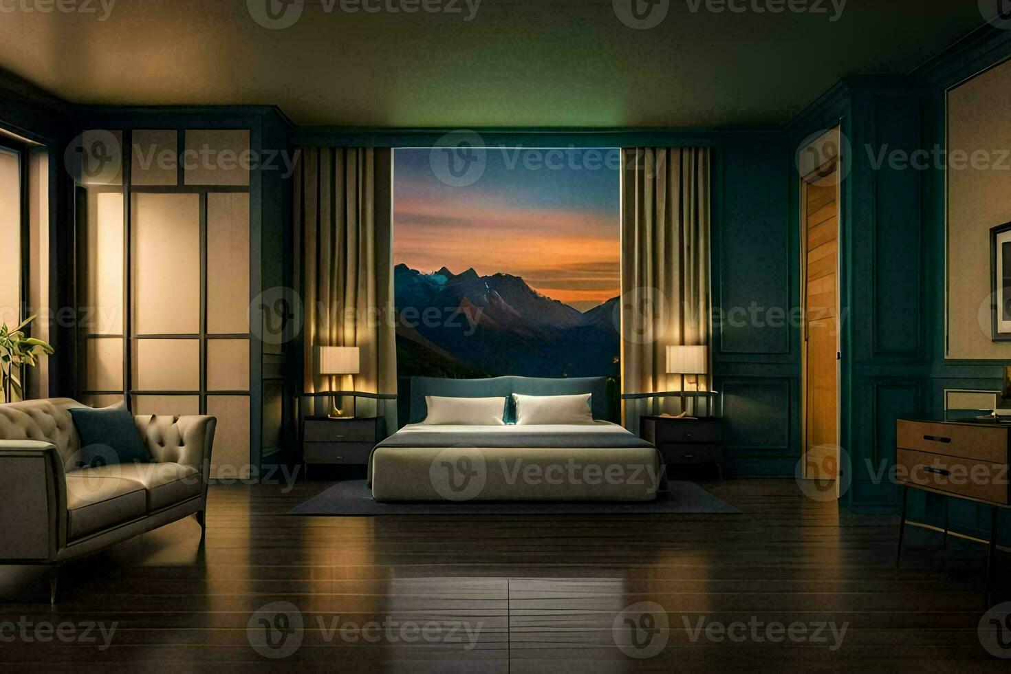 a bedroom with a view of mountains. AI-Generated photo