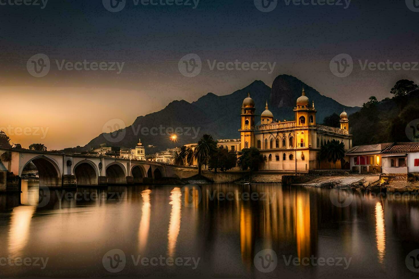 the sun sets over a bridge and a church in india. AI-Generated photo