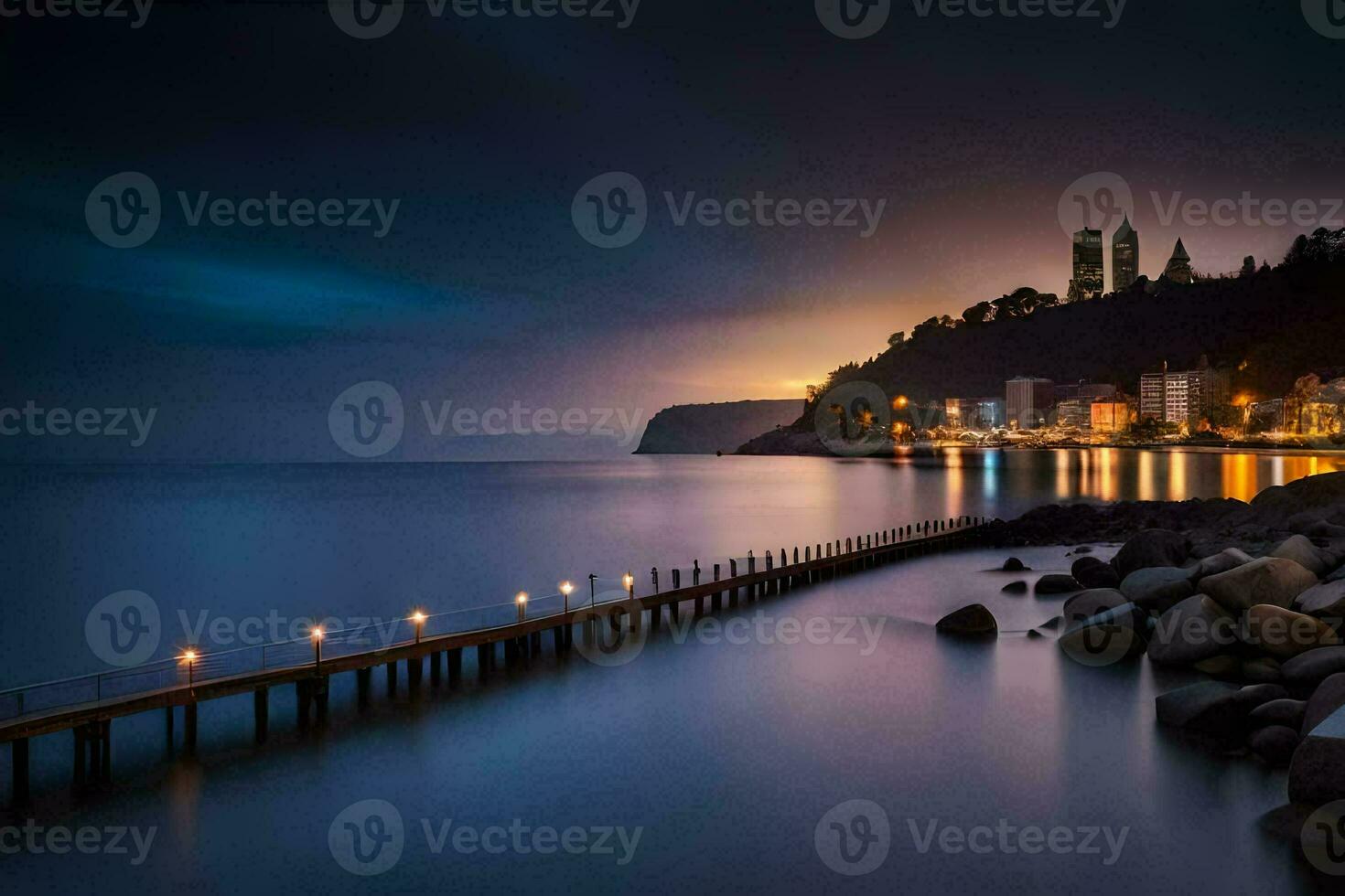 a pier at night with lights on it. AI-Generated photo
