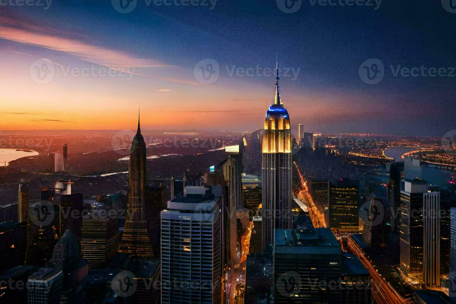 the empire state building is seen at sunset. AI-Generated photo