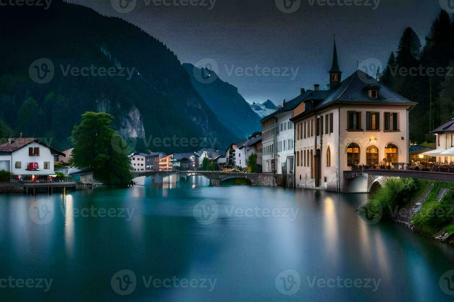 a river runs through a town at night. AI-Generated photo