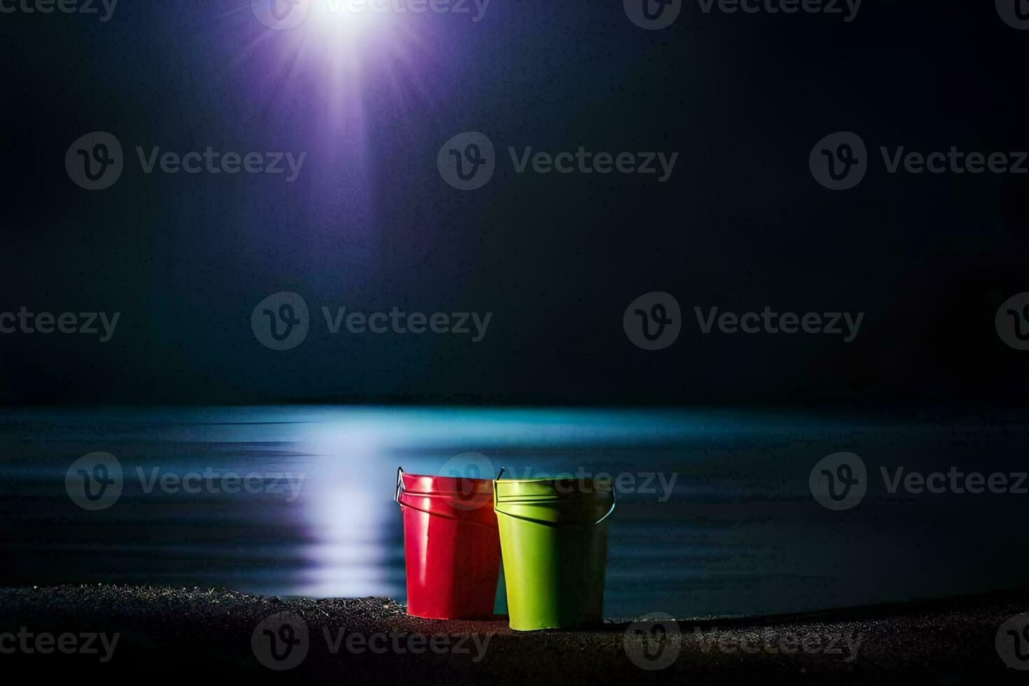 two buckets sit on the beach at night. AI-Generated photo