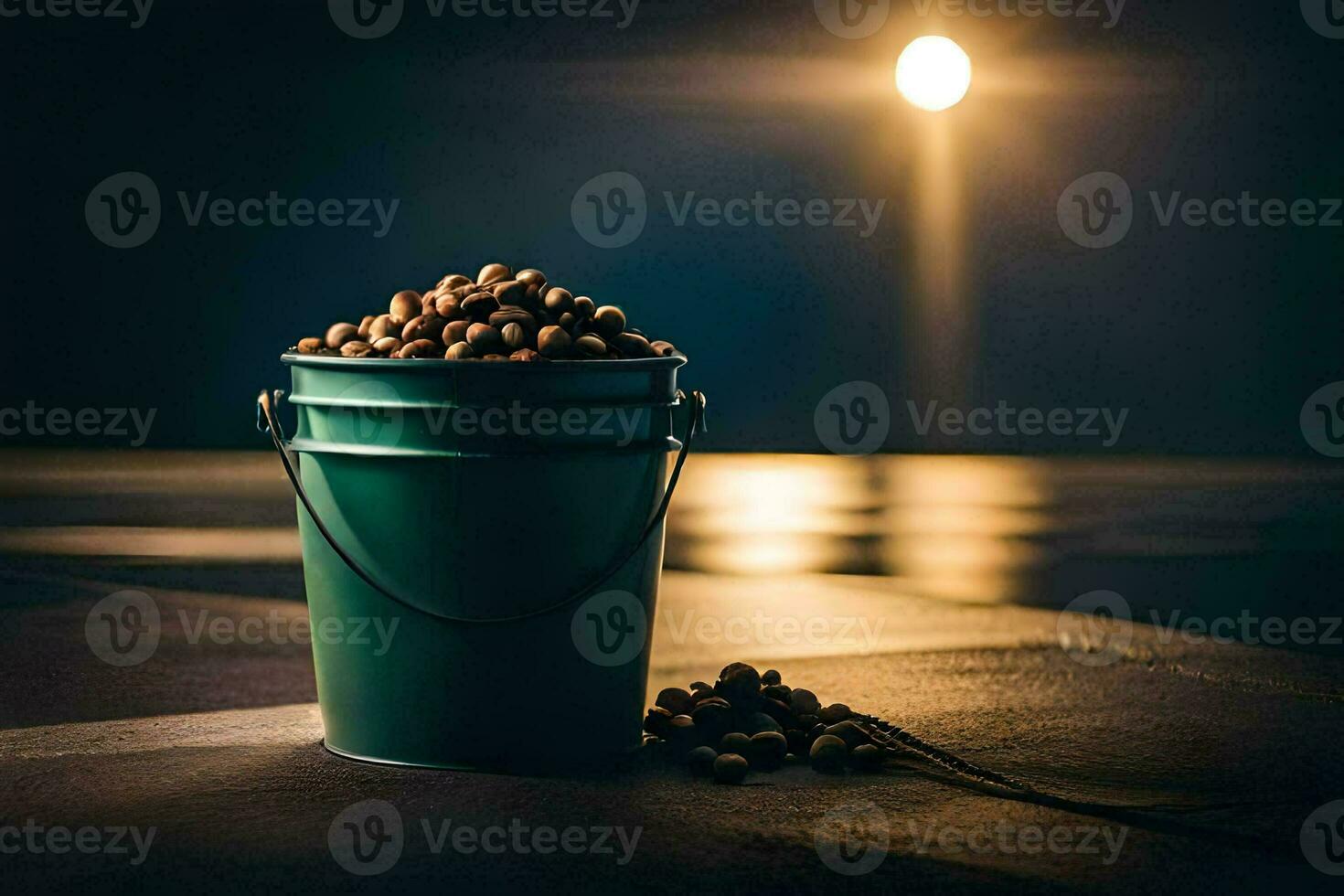 a bucket filled with nuts on a table. AI-Generated photo