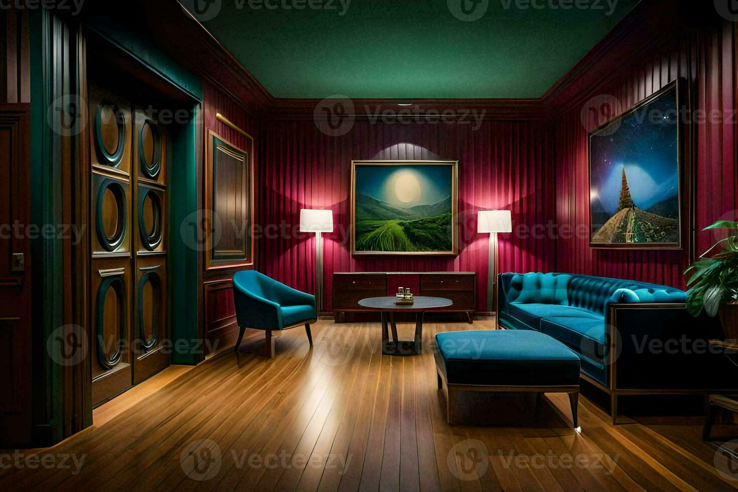 a room with a blue couch and a painting on the wall. AI-Generated photo