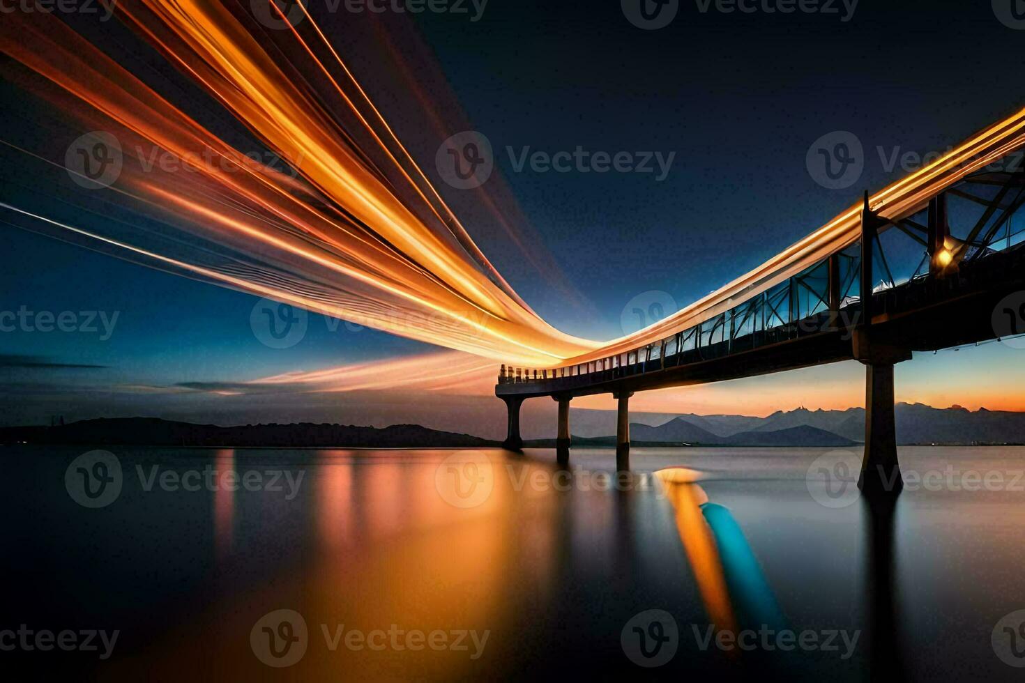 un largo exposición fotografía de un puente a puesta de sol. generado por ai foto