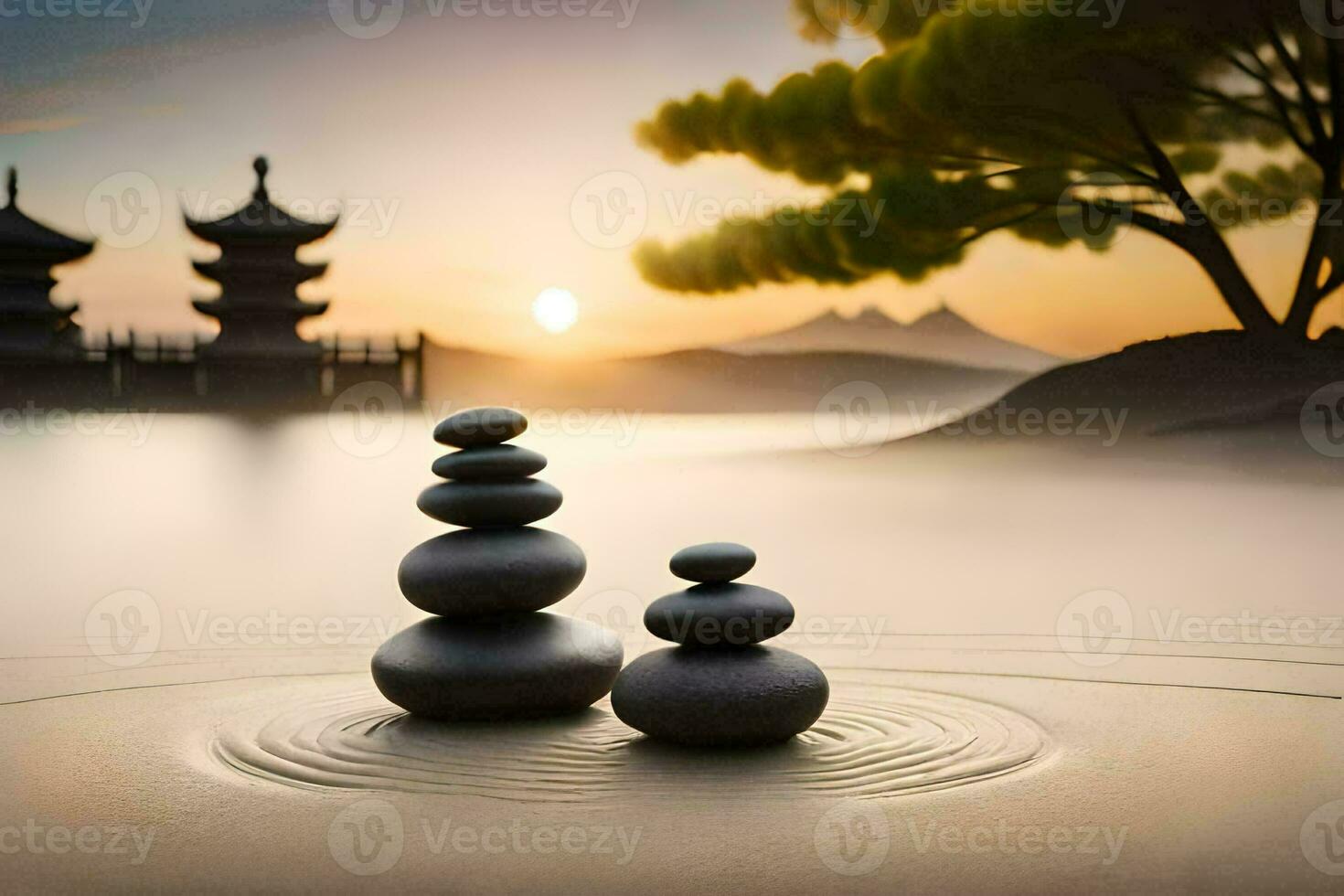 two stones are sitting on the water in front of a pagoda. AI-Generated photo