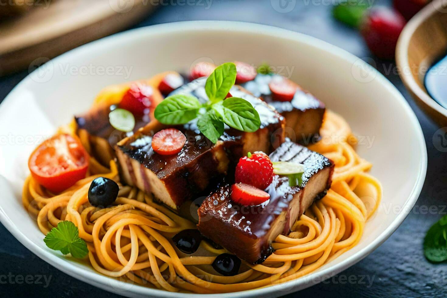 a plate of spaghetti with meat and berries. AI-Generated photo