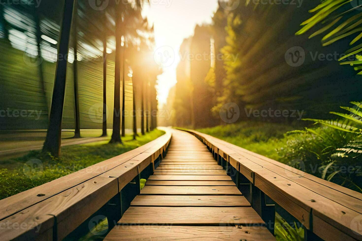 a wooden walkway in the middle of a forest. AI-Generated photo