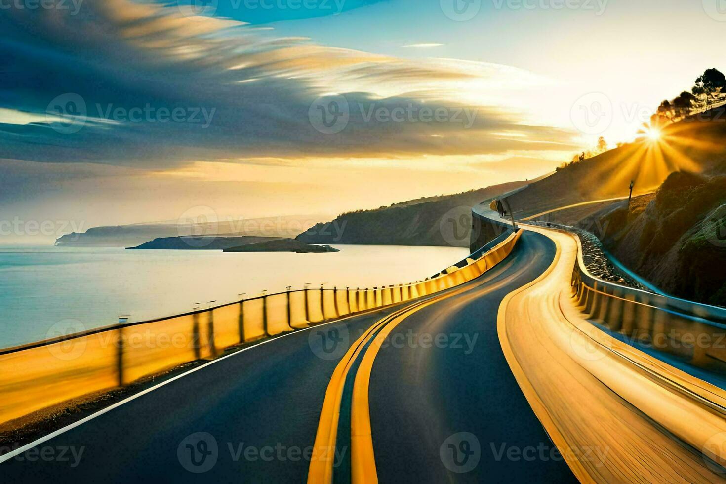 a highway with the sun setting behind it. AI-Generated photo