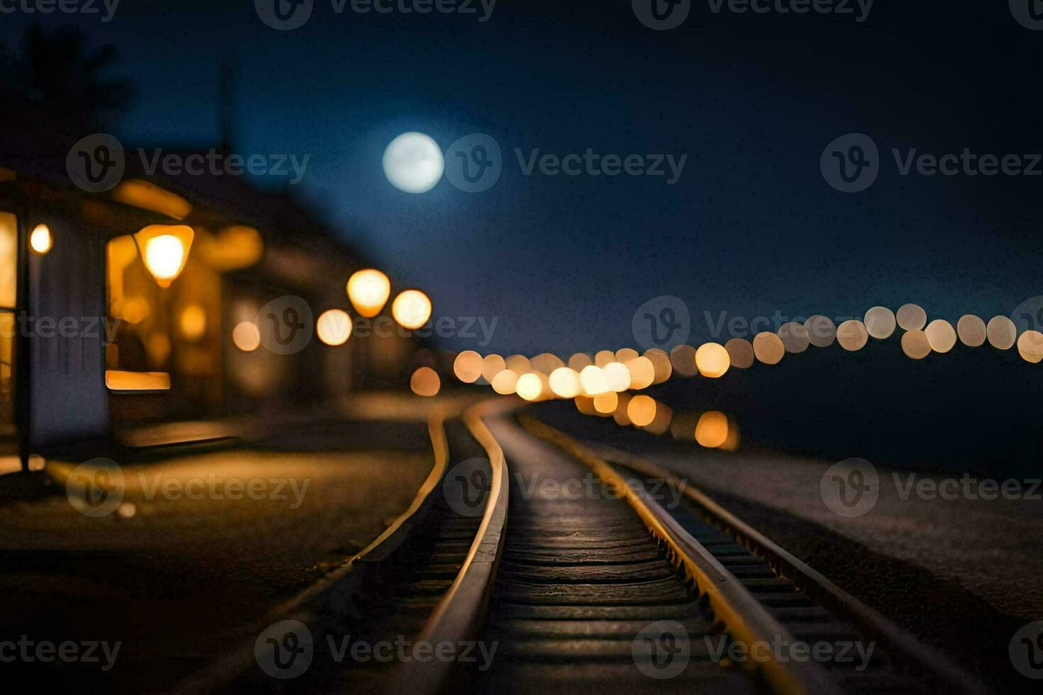 a train track at night with lights on the track. AI-Generated photo