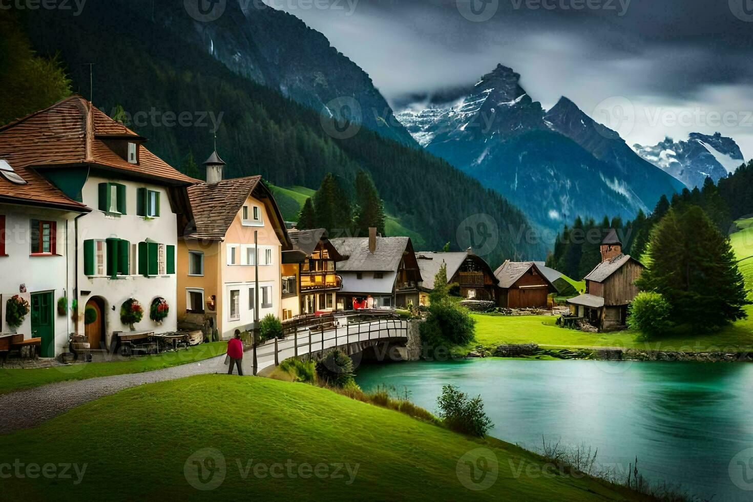 foto fondo de pantalla montañas, el cielo, agua, el lago, el montañas, el aldea, el. generado por ai