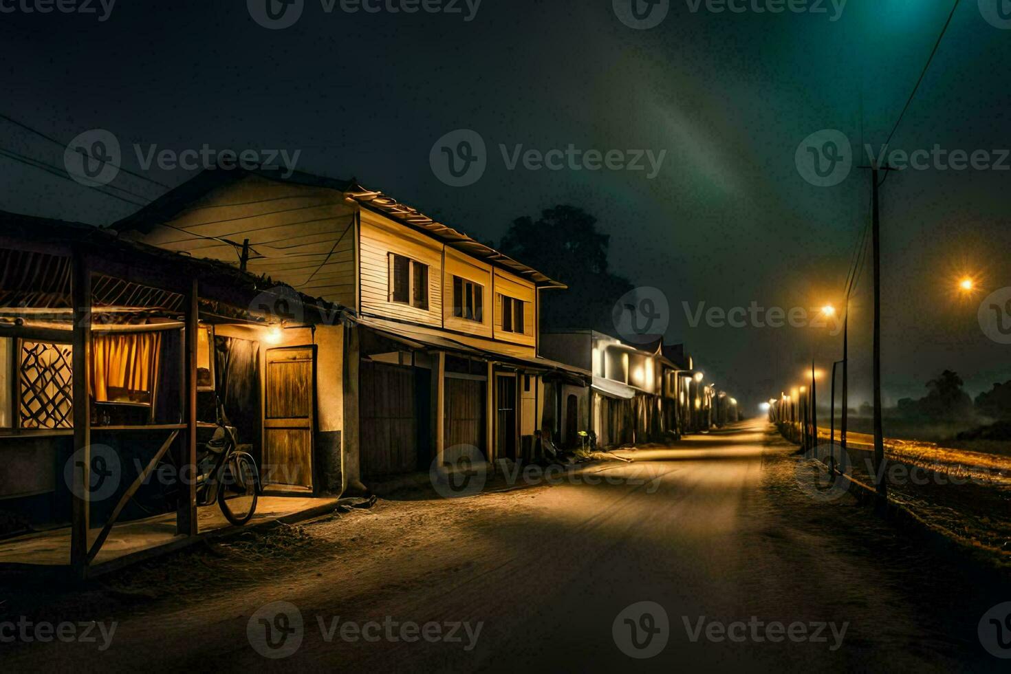 a street at night with houses and a bike. AI-Generated photo