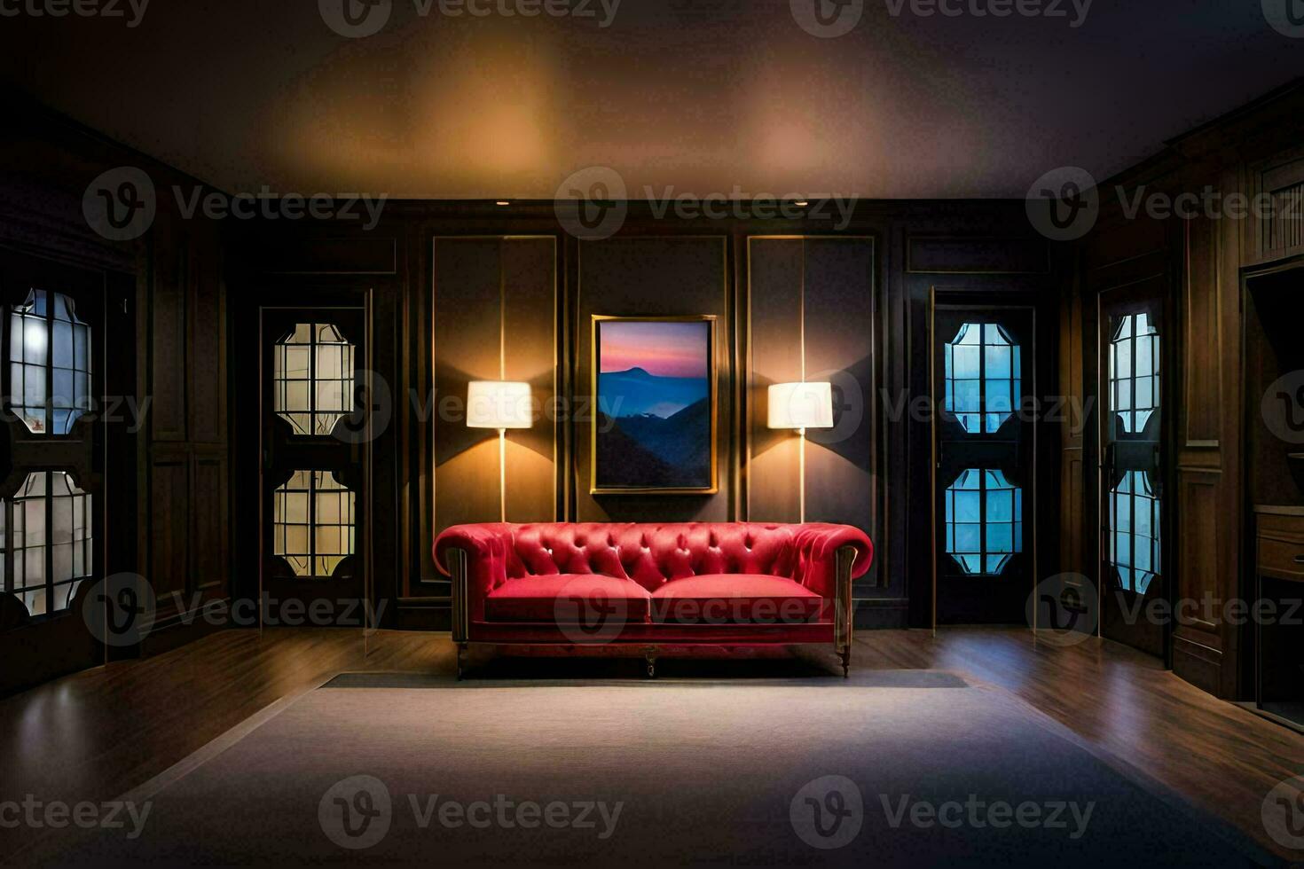 a red couch sits in a room with dark wood walls and a large window. AI-Generated photo